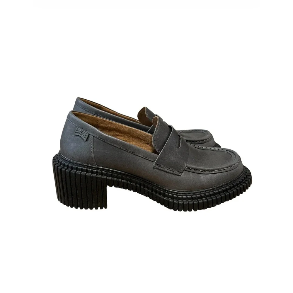 Camper Pix London Gray Leather Chunky Heel Loafers EU 40 US 9 $210